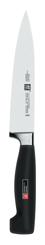 Fleischmesser 16cm VIER STERNE, Seitenansicht, mit schwarzem Griff und silberner Klinge, Markenlogo sichtbar