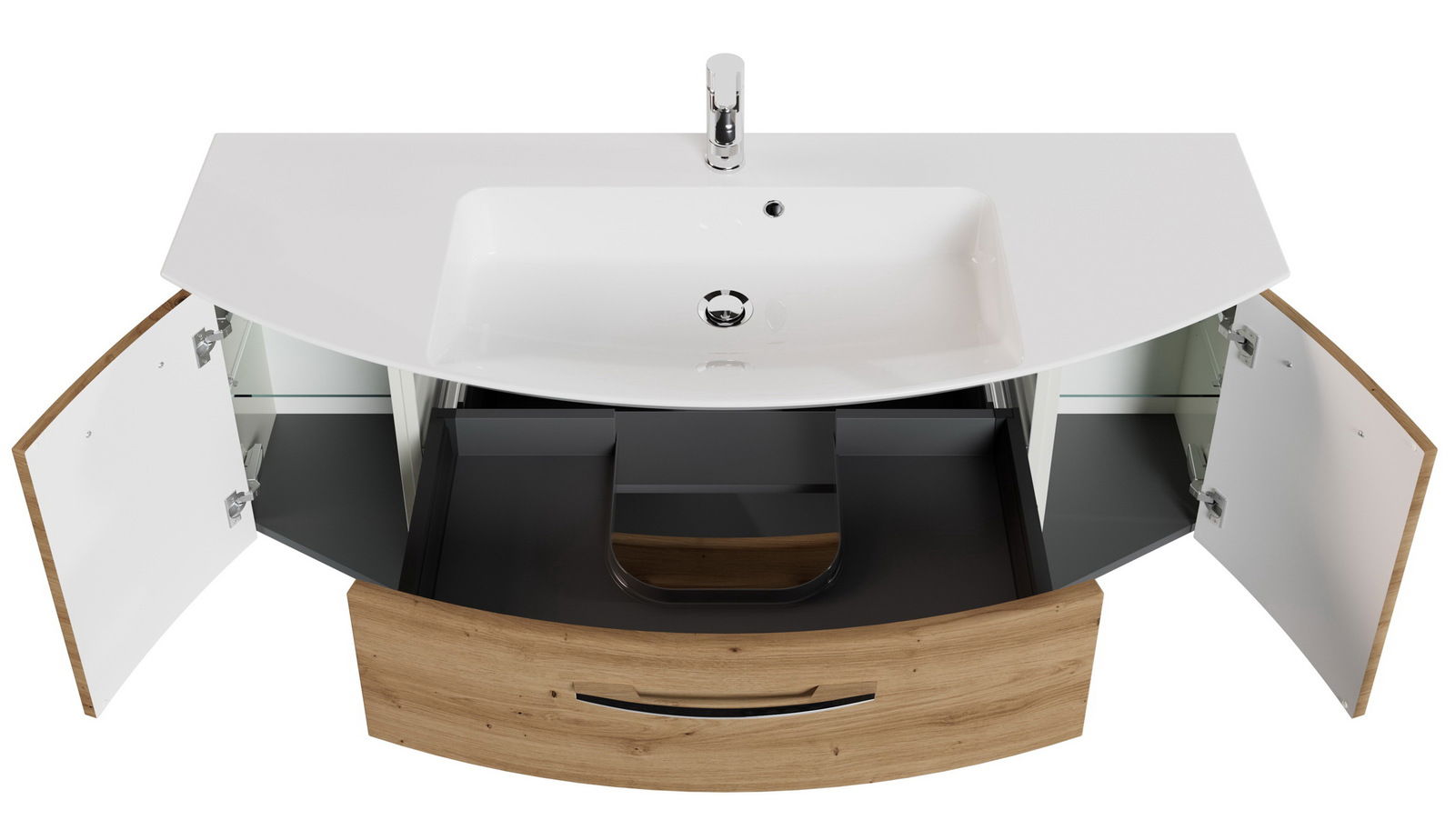 Badezimmerkombination mit weißem Waschbecken und Holzunterschrank, Türen geöffnet, aus der Vogelperspektive