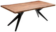Moderner Esstisch mit natürlicher Holzplatte und schwarzen Metallbeinen, seitliche Perspektive