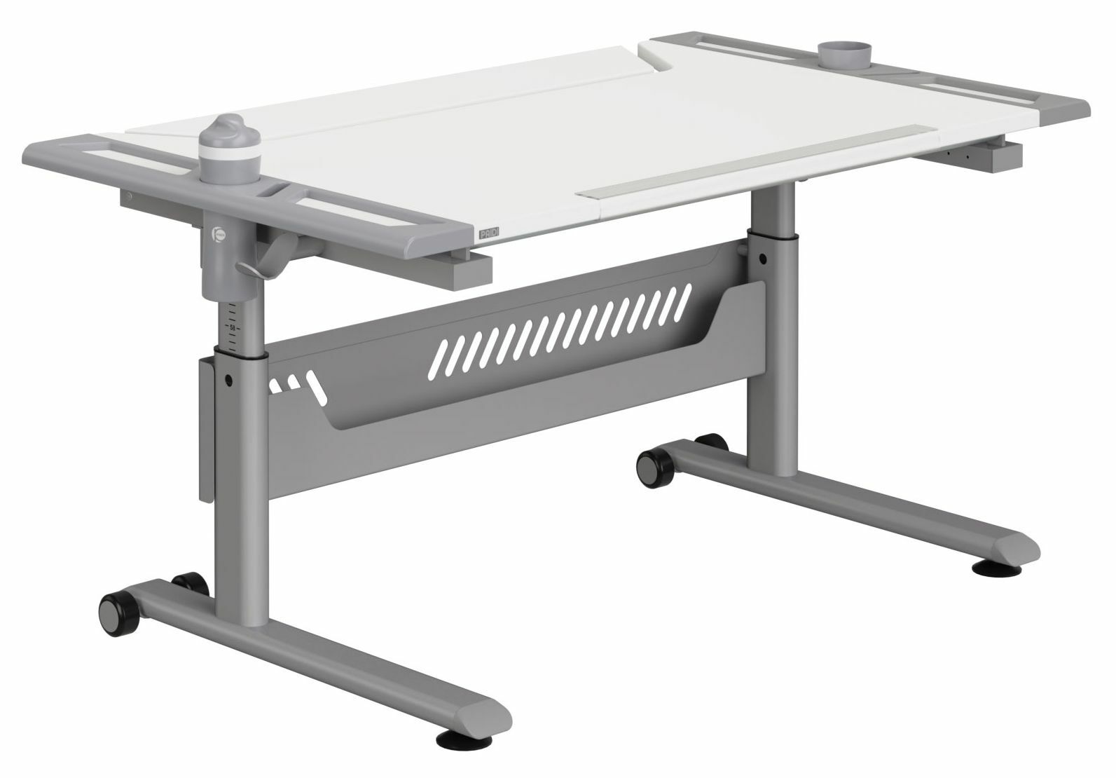 Paidi Schreibtisch TABLO Moderner höhenverstellbarer Schreibtisch mit grauem Gestell und weißer Tischplatte, seitliche Perspektive
