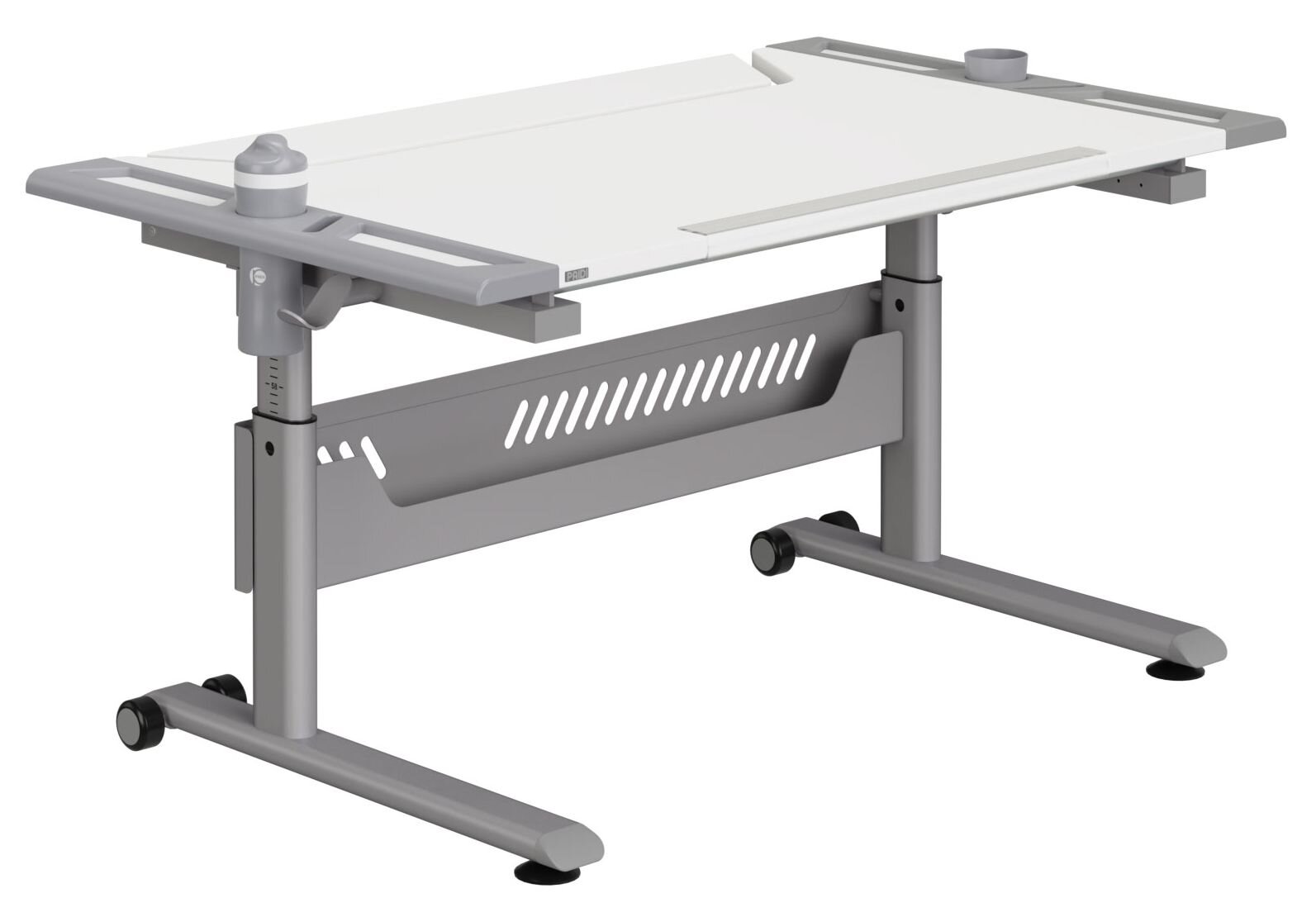 Paidi Schreibtisch TABLO Moderner höhenverstellbarer Schreibtisch mit grauem Gestell und weißer Tischplatte, seitliche Perspektive