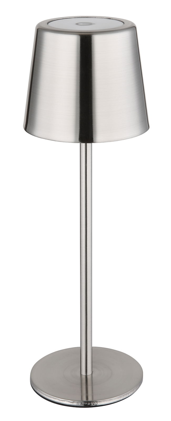 Moderne Tischleuchte aus gebürstetem Metall in Frontalansicht