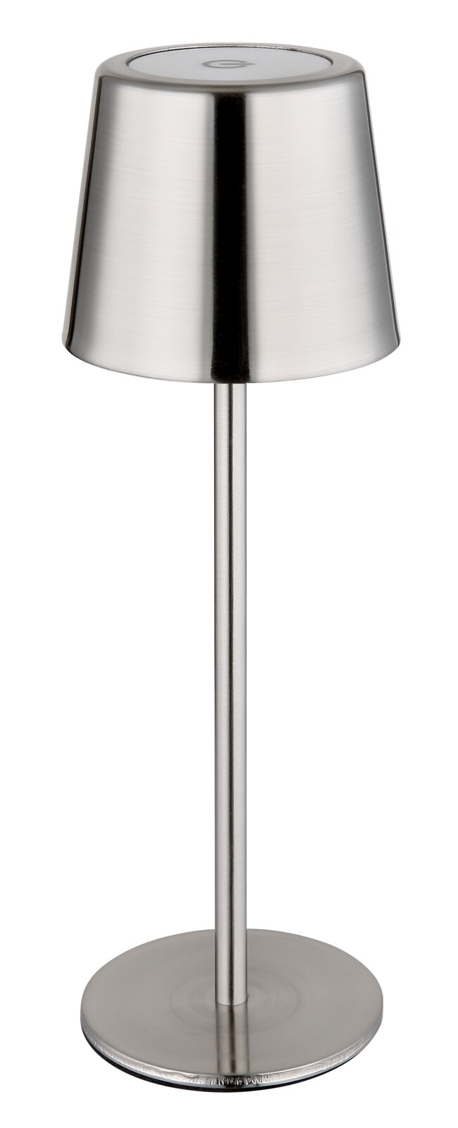 Moderne Tischleuchte aus gebürstetem Metall in Frontalansicht