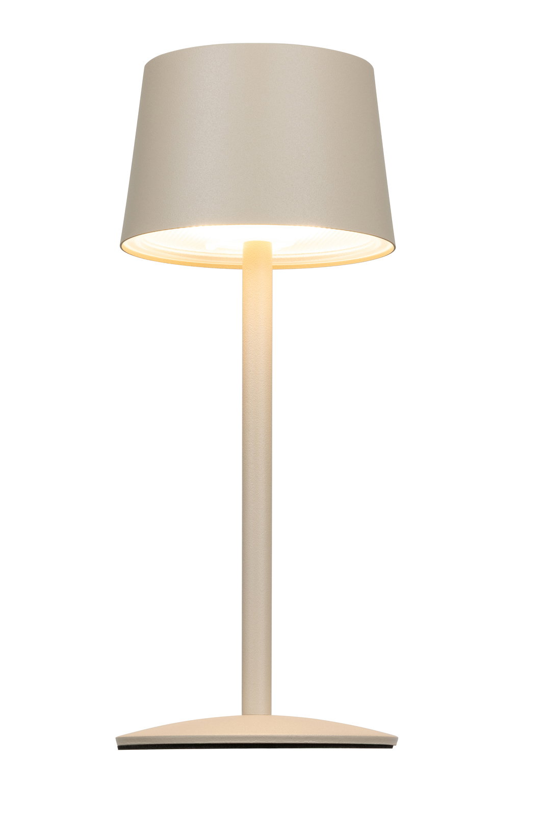 Moderne Akku-Tischleuchte in Beige, frontal abgebildet mit rundem Lampenschirm und schlankem Standfuß.