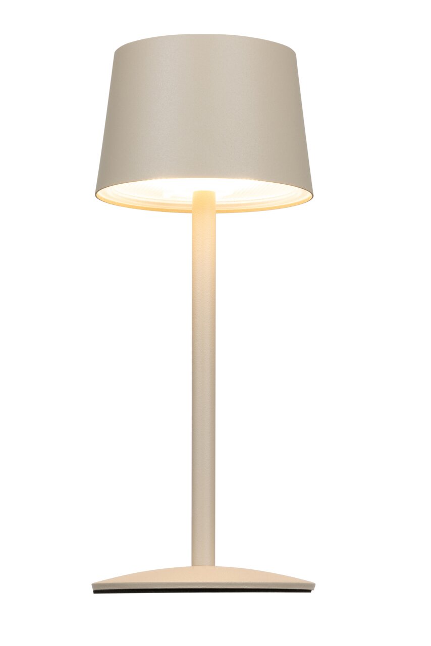 Moderne accu-tafellamp in beige, hier afgebeeld van voren, met een ronde lampenkap en een slanke voet.