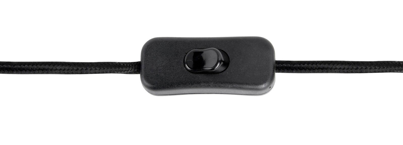 Nahaufnahme eines schwarzen Kippschalters an einem Kabel, perspektivisch von oben betrachtet.