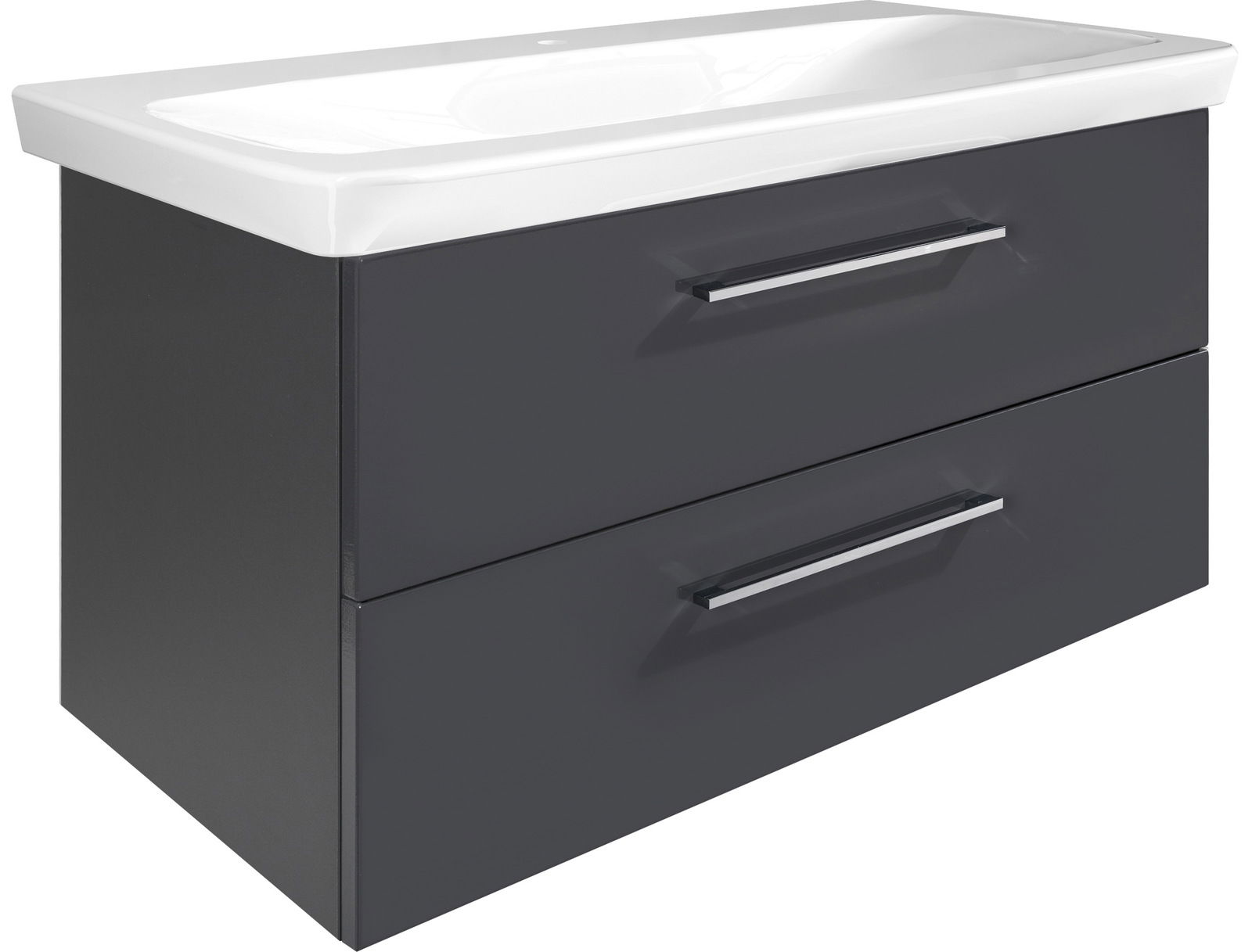 Modernes Waschtisch-Set mit zwei Schubladen in dunklem Grau, seitliche Perspektive