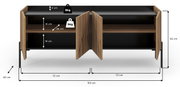 TV Lowboard aus Holz und Metall mit offenen Türen, Maße: 153 cm Breite, 62 cm Höhe, 40 cm Tiefe, Frontansicht.
