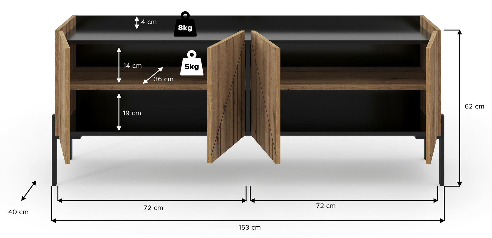 TV Lowboard aus Holz und Metall mit offenen Türen, Maße: 153 cm Breite, 62 cm Höhe, 40 cm Tiefe, Frontansicht.