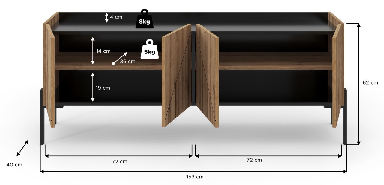 TV Lowboard aus Holz und Metall mit offenen Türen, Maße: 153 cm Breite, 62 cm Höhe, 40 cm Tiefe, Frontansicht.