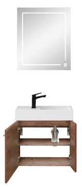 Frontale Ansicht eines modernen Badezimmersets mit beleuchtetem Spiegel, weißem Waschbecken mit schwarzem Wasserhahn und offenem Unterschrank aus Holz.