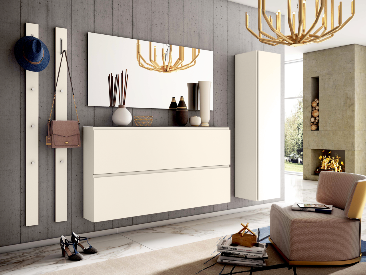 Moderano Garderoben-Set LECCO Modernes Garderobenset in einem stilvollen Wohnzimmer mit Wandspiegel, Hängeschrank und Dekorationen, seitliche Perspektive.