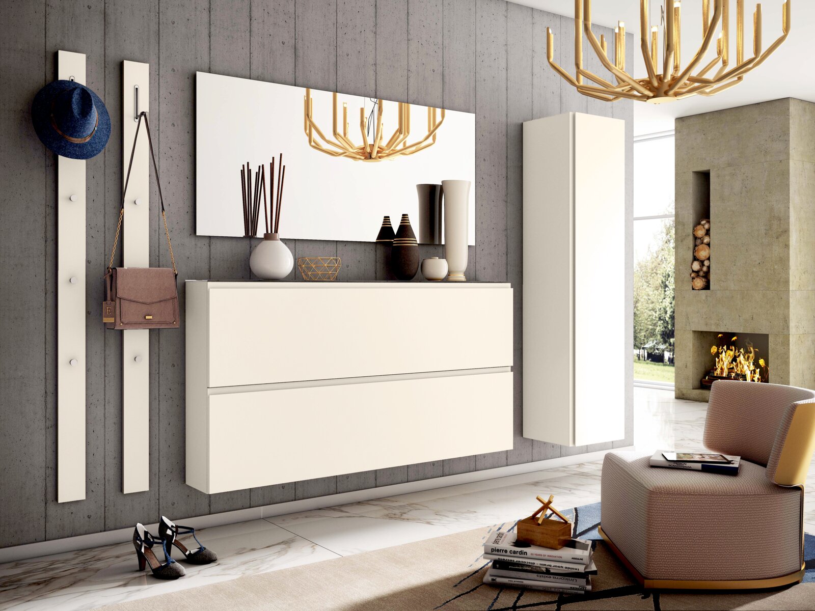 Modernes Garderobenset in einem stilvollen Wohnzimmer mit Wandspiegel, Hängeschrank und Dekorationen, seitliche Perspektive.