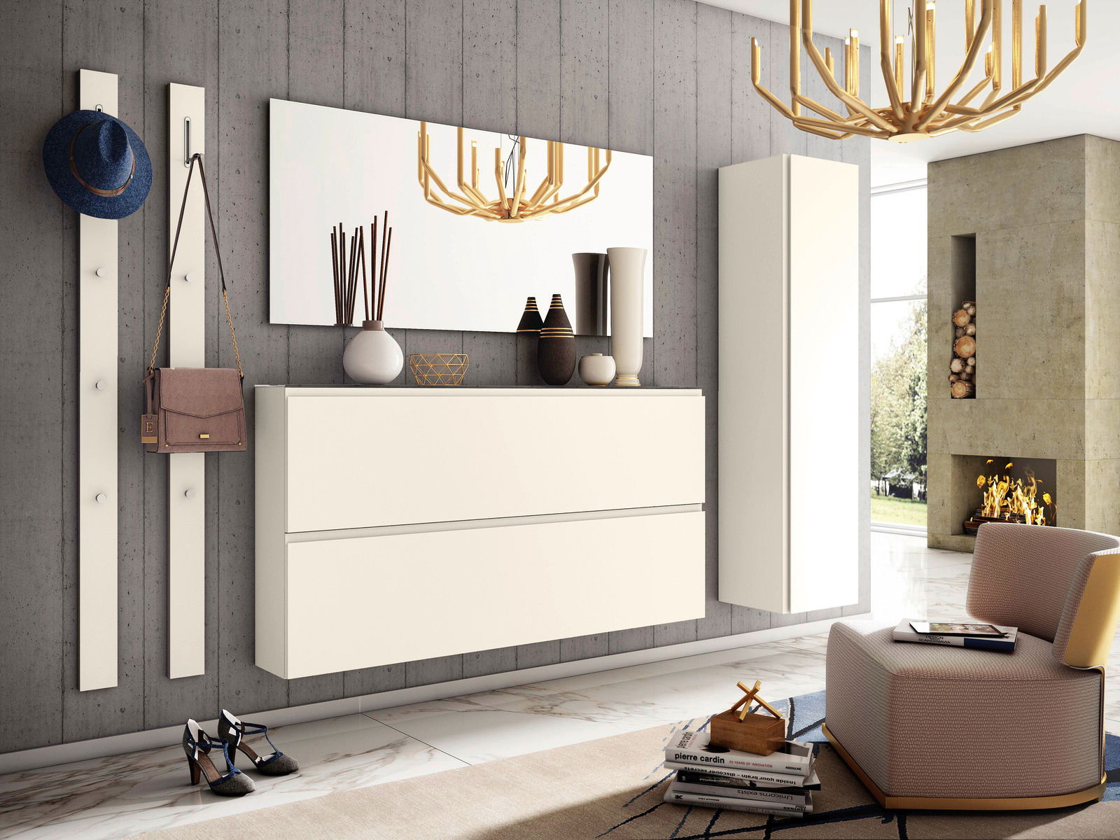 Modernes Garderobenset in einem stilvollen Wohnzimmer mit Wandspiegel, Hängeschrank und Dekorationen, seitliche Perspektive.