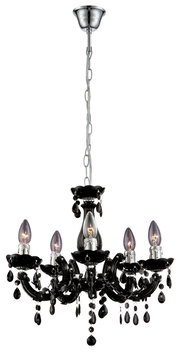 Eleganter schwarzer Kronleuchter mit fünf Armen und dekorativen Kristallen, seitliche Perspektive.