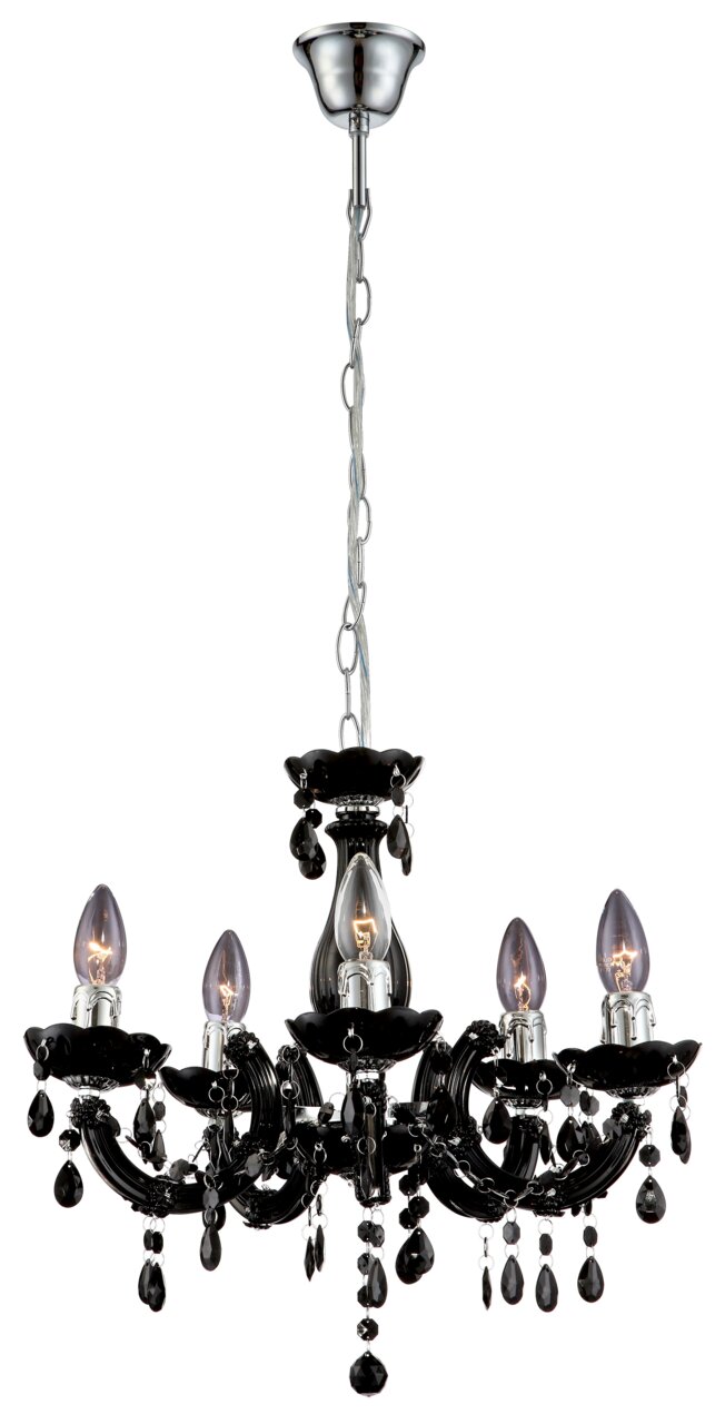 Eleganter schwarzer Kronleuchter mit fünf Armen und dekorativen Kristallen, seitliche Perspektive.