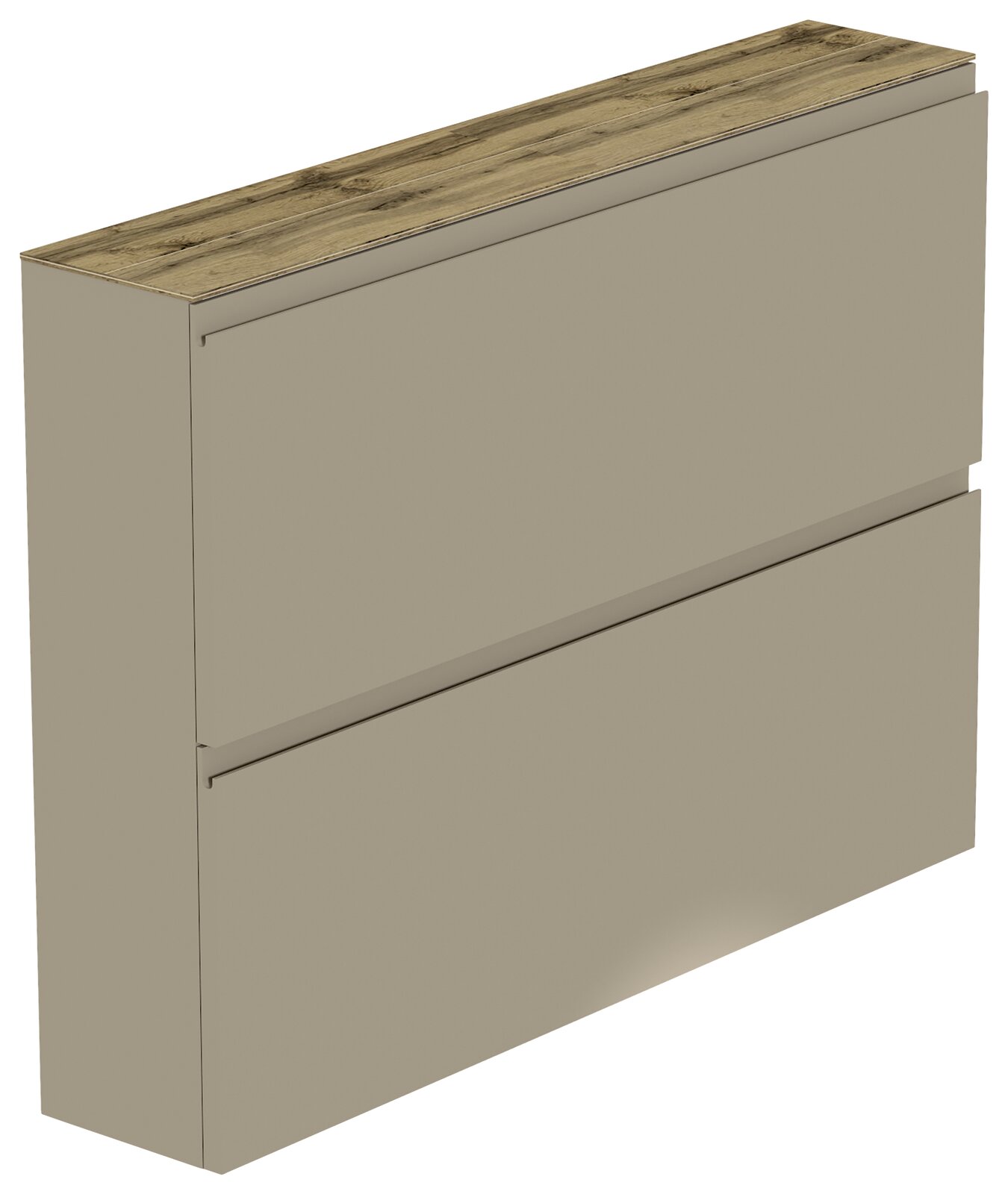 Hängeschuhschrank 2K-T22 in seitlicher Perspektive, mit zwei Klappen und einer Holzoberfläche.