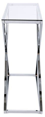 Moderner Konsolentisch mit Glasplatte und verchromtem Metallgestell, Frontalansicht.