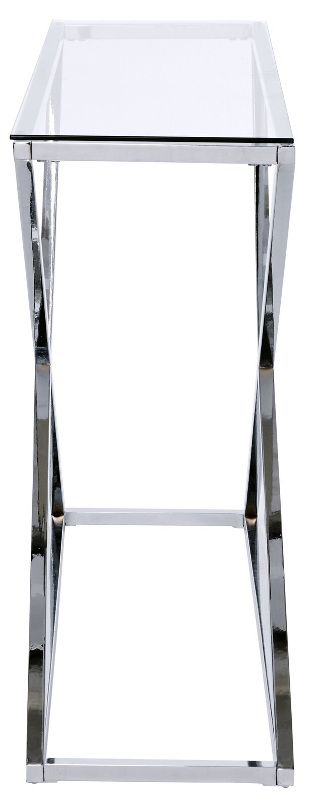 Moderner Konsolentisch mit Glasplatte und verchromtem Metallgestell, Frontalansicht.