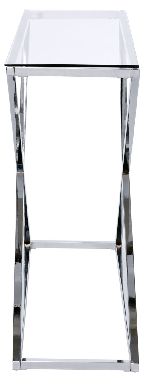 Moderner Konsolentisch mit Glasplatte und verchromtem Metallgestell, Frontalansicht.