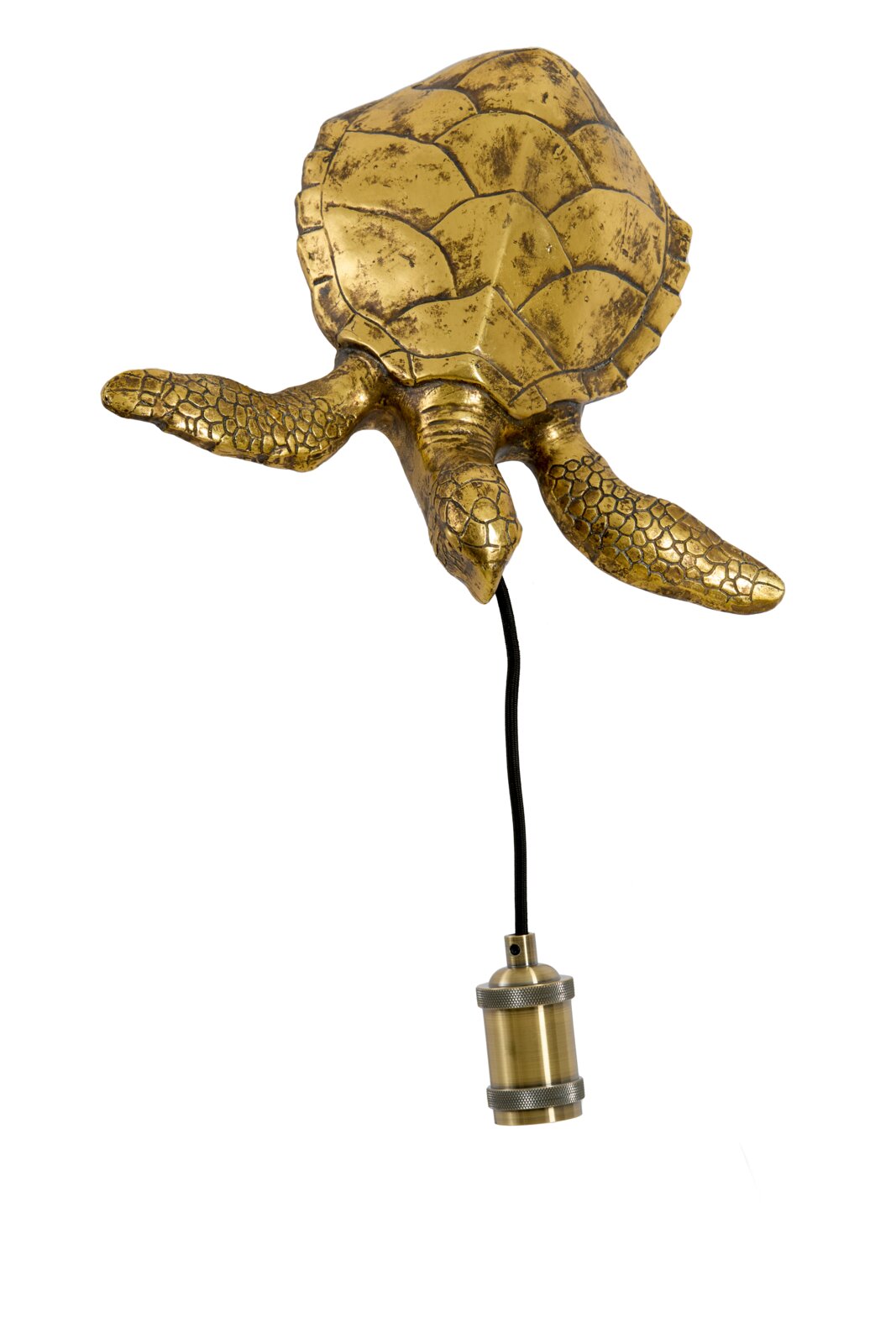 Decoratieve hanglamp in de vorm van een goudkleurige zeeschildpad met vintage afwerking, van onderen en schuin van voren gezien, inclusief zwart snoer en messingkleurige fitting