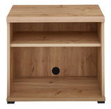 Frontansicht eines Unterstell-Aktenregals aus Holz mit zwei offenen Fächern und einer Kabeldurchführung.