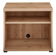 Frontansicht eines Unterstell-Aktenregals aus Holz mit zwei offenen Fächern und einer Kabeldurchführung.