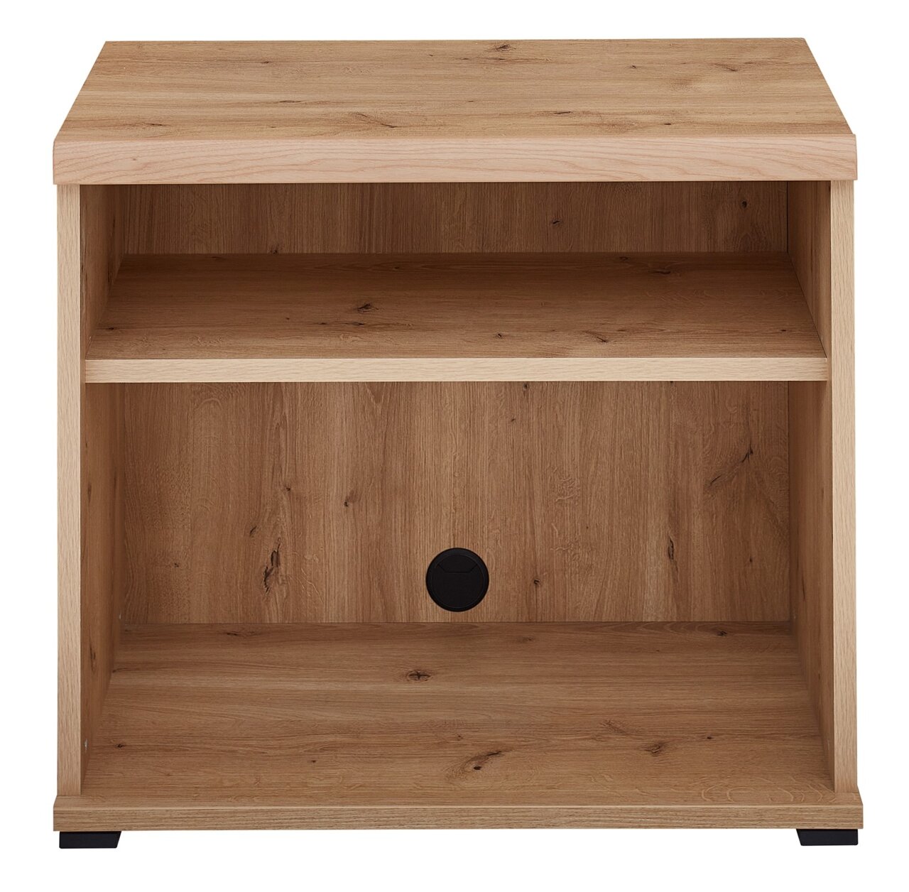 Frontansicht eines Unterstell-Aktenregals aus Holz mit zwei offenen Fächern und einer Kabeldurchführung.