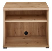 Frontansicht eines Unterstell-Aktenregals aus Holz mit zwei offenen Fächern und einer Kabeldurchführung.