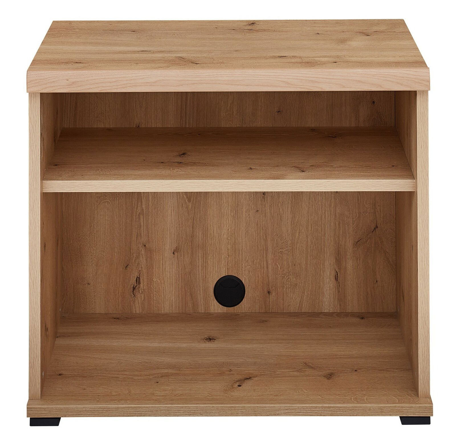 Frontansicht eines Unterstell-Aktenregals aus Holz mit zwei offenen Fächern und einer Kabeldurchführung.