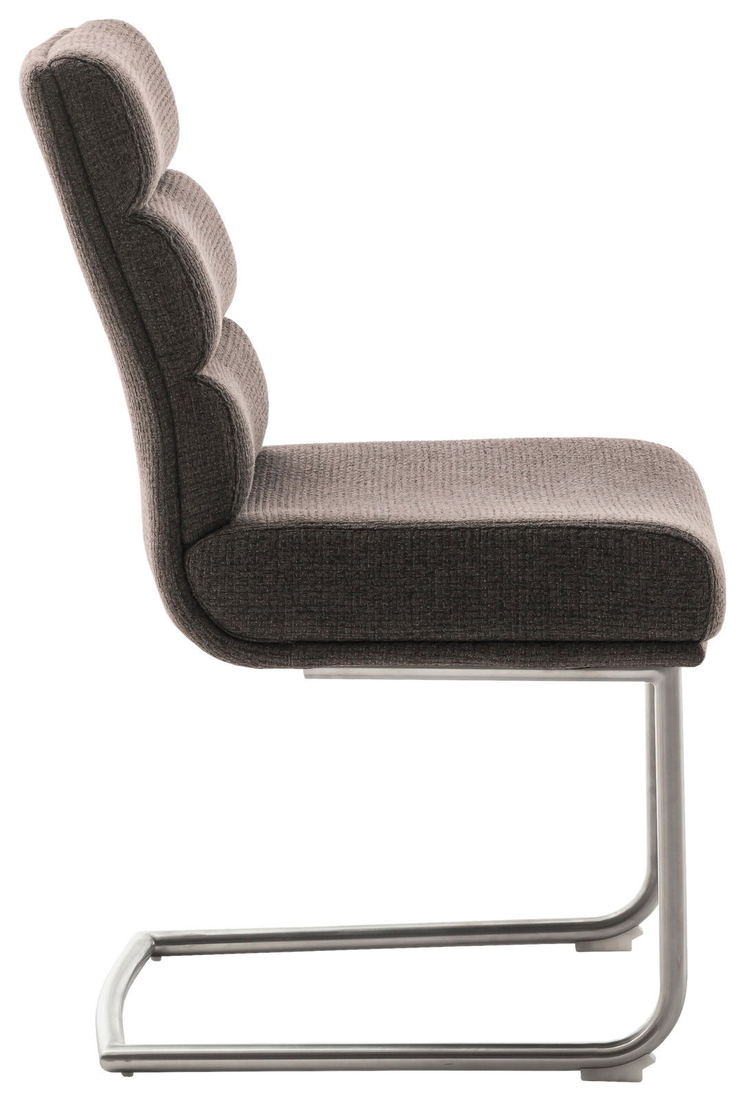 Seitenansicht eines Freischwinger-Stuhls mit gepolsterter Rückenlehne und Sitzfläche in dunklem Stoffbezug, auf einem Metallgestell.