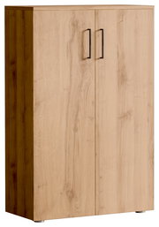 Schuhschrank aus Holz mit zwei Türen und schwarzen Griffen, seitliche Perspektive