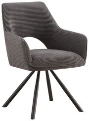 Grauer Armlehnstuhl mit modernem Design, seitliche Perspektive