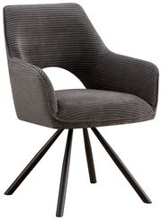 Grauer Armlehnstuhl mit modernem Design, seitliche Perspektive