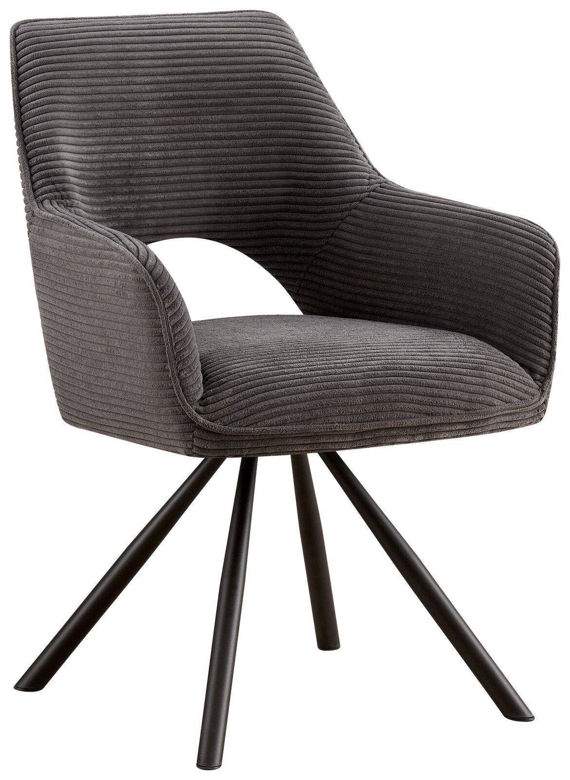 Grauer Armlehnstuhl mit modernem Design, seitliche Perspektive