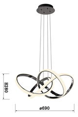 Moderne Pendelleuchte Indigo mit ineinander verschlungenen Ringen, seitliche Perspektive, Durchmesser 690 mm, Höhe 280 mm.