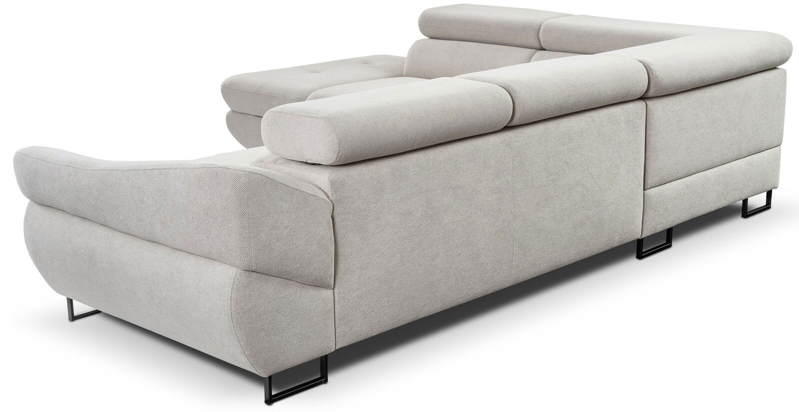 Rückansicht eines modernen, hellgrauen Ecksofas mit verstellbaren Kopfstützen und schwarzen Metallfüßen.