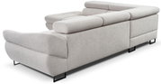 Rückansicht eines modernen, hellgrauen Ecksofas mit verstellbaren Kopfstützen und schwarzen Metallfüßen.