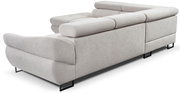 Rückansicht eines modernen, hellgrauen Ecksofas mit verstellbaren Kopfstützen und schwarzen Metallfüßen.