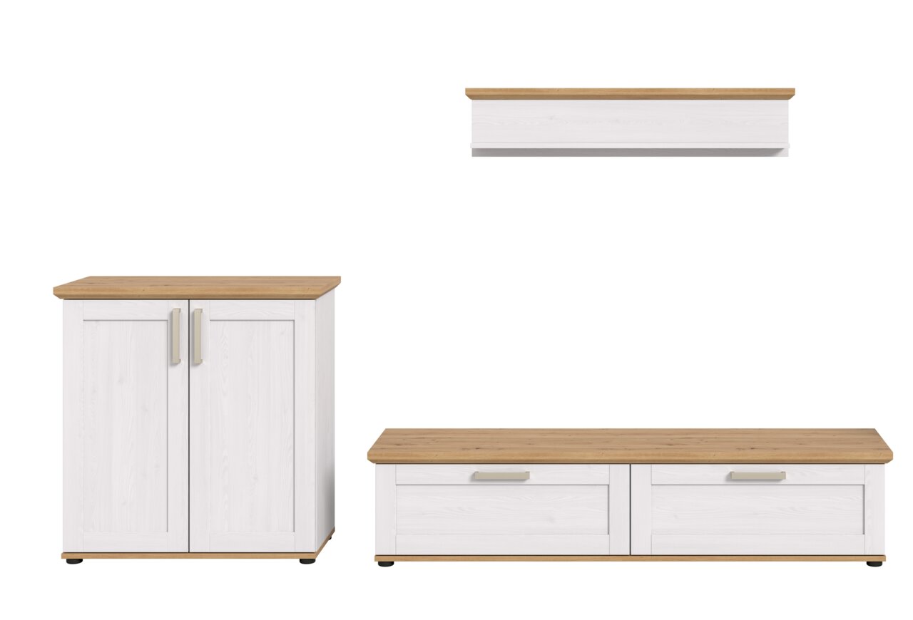 Wohnkombination in Weiß mit Holzoberfläche, bestehend aus einem zweitürigen Schrank, einem niedrigen TV-Schrank mit zwei Schubladen und einem Wandregal. Frontalansicht.