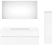 Moderne weiße Badkombination mit Spiegel, Waschbeckenunterschrank und hohem Schrank, Frontalansicht