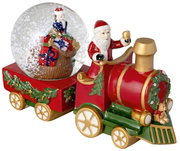 Kerstachtige sneeuwbol met de kerstman en cadeautjes, zijaanzicht