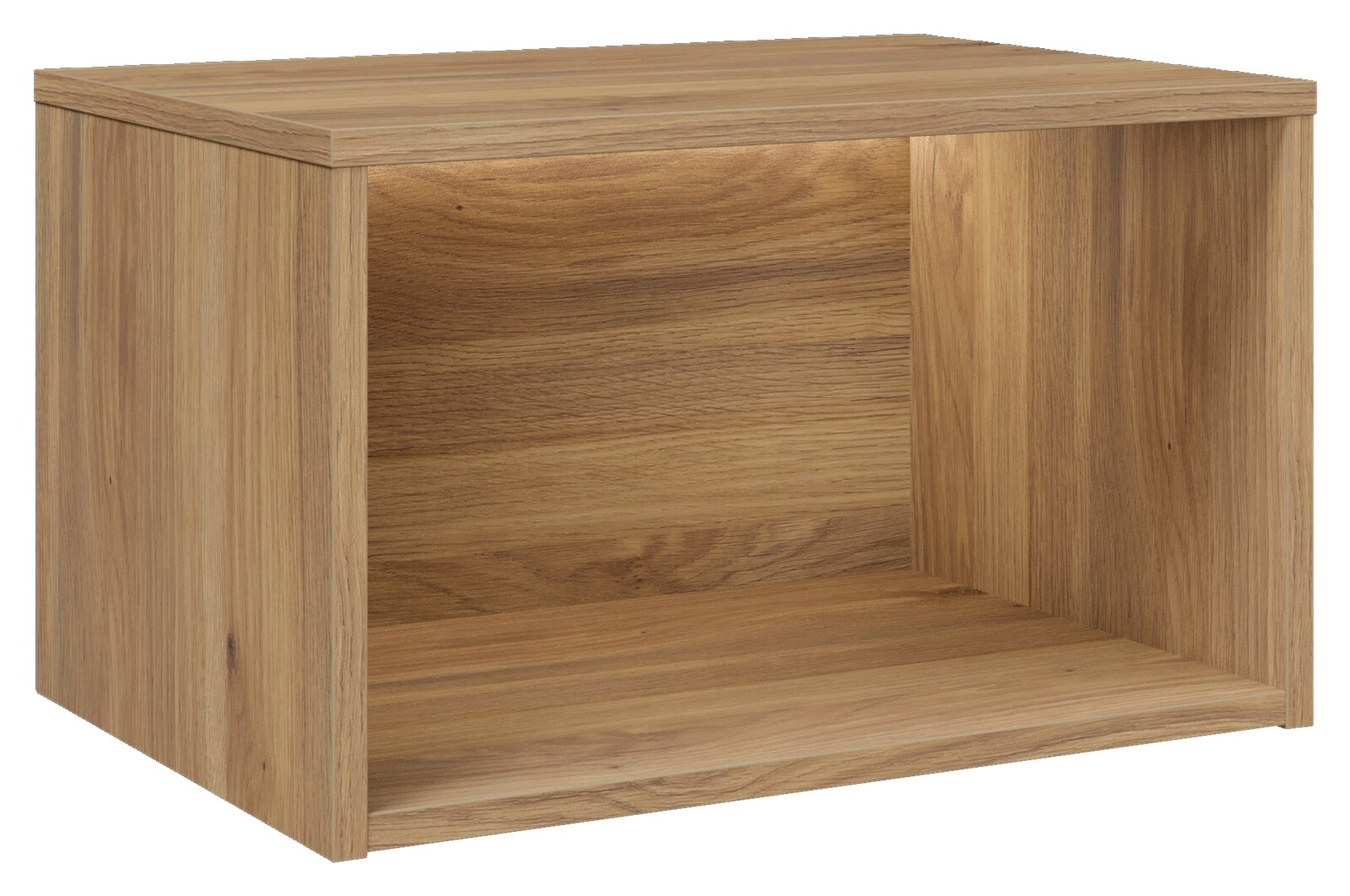 Offenes, würfelförmiges Regalmodul aus Holz in Eiche-Optik mit sichtbarer Maserung, freistehend auf weißem Hintergrund, Ansicht schräg von vorn/oben