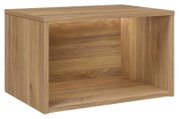 Offenes, würfelförmiges Regalmodul aus Holz in Eiche-Optik mit sichtbarer Maserung, freistehend auf weißem Hintergrund, Ansicht schräg von vorn/oben