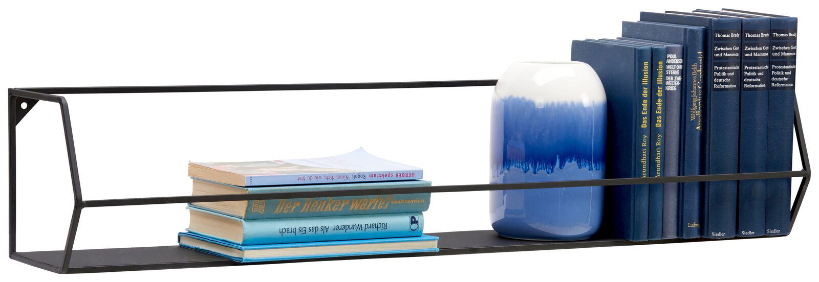 Metall-Wandregal mit Büchern und Vase, seitliche Perspektive