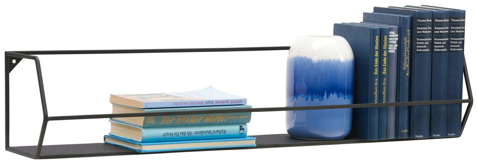 Metall-Wandregal mit Büchern und Vase, seitliche Perspektive