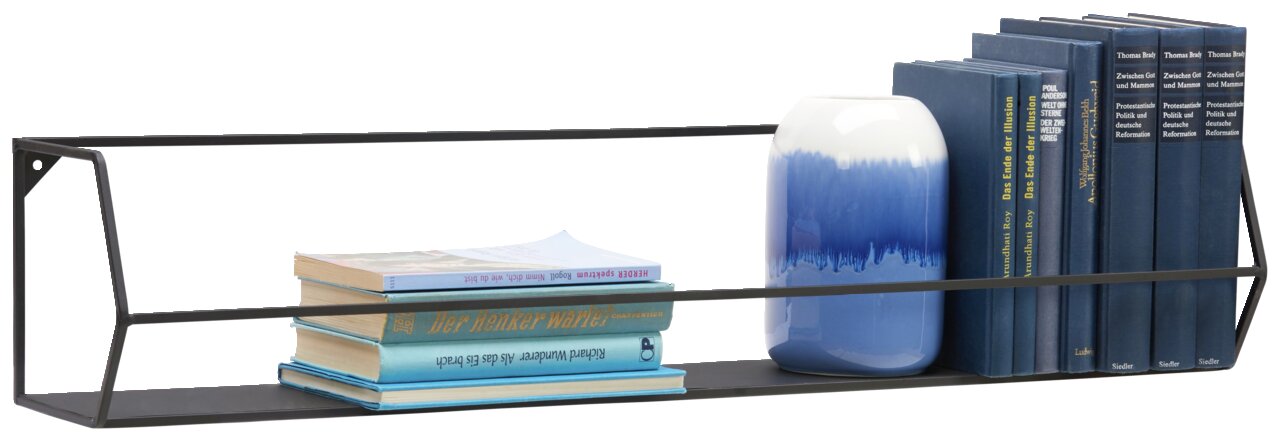 Metalen wandrek met boeken en een vaas, zijaanzicht