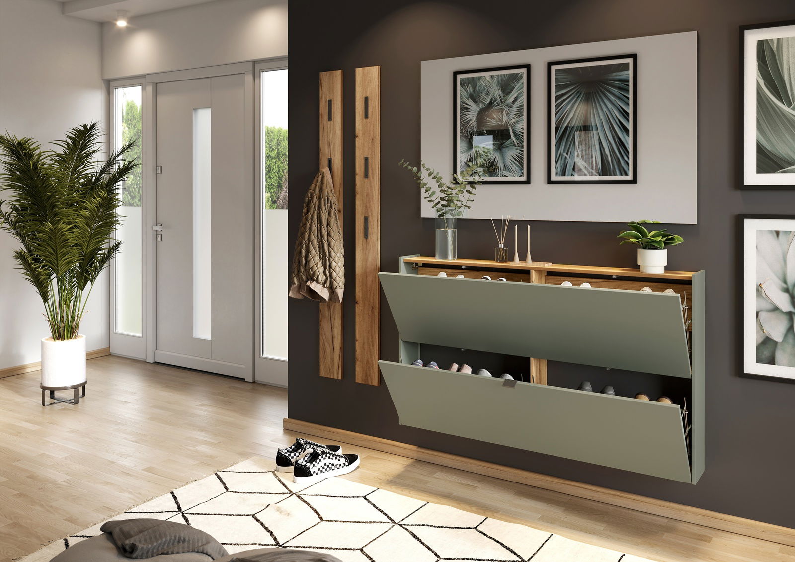 Moderner Schuhschrank in einem stilvollen Flur, seitliche Perspektive