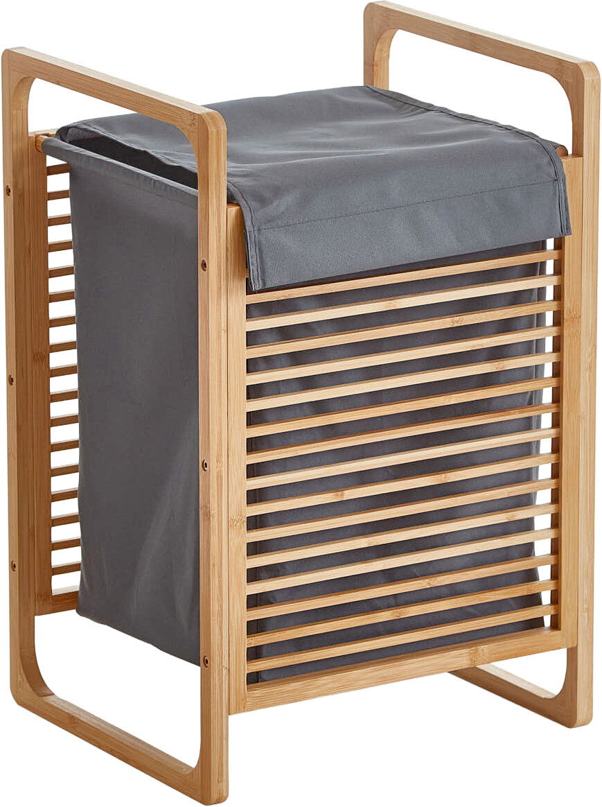 MID.YOU Wäschekorb SMALL Bambus-Wäschekorb mit grauem Stoffeinsatz und Deckel, seitliche Lamellen und Tragegriffe, freigestellt auf weißem Hintergrund, Perspektive: schräg von vorne