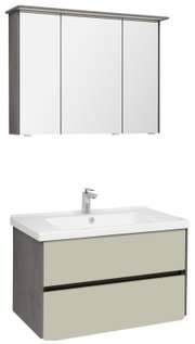 Moderne badkamercombinatie met driedelige spiegelkast en wastafel met twee lades, gezien van voren.